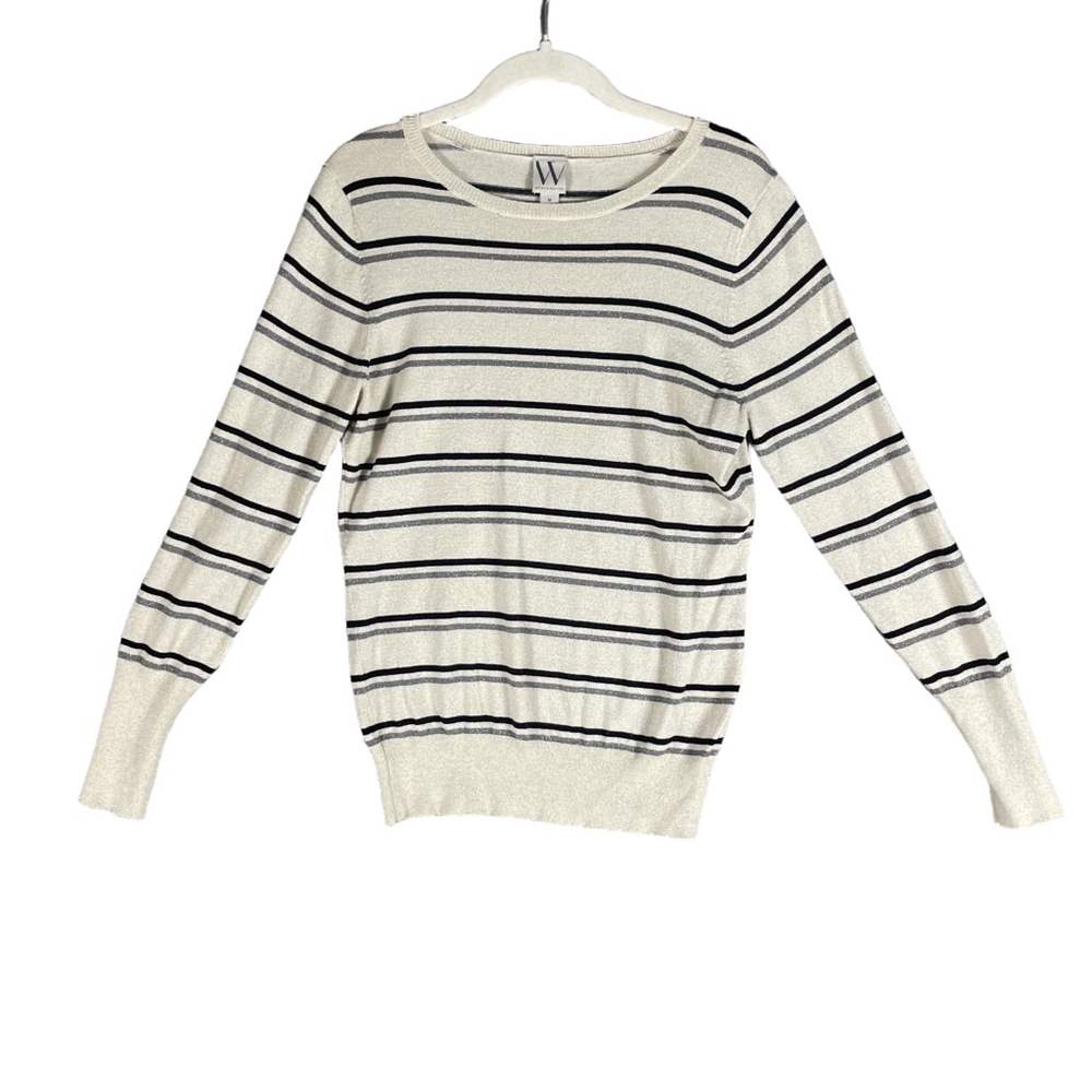 Worthington Womens M Medium Striped Metallic Sweater Sparkle Shimmer Ivory